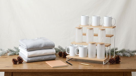 A well-organized craft fair booth display featuring blank holiday apparel, sublimation mugs, and festive winter props on a