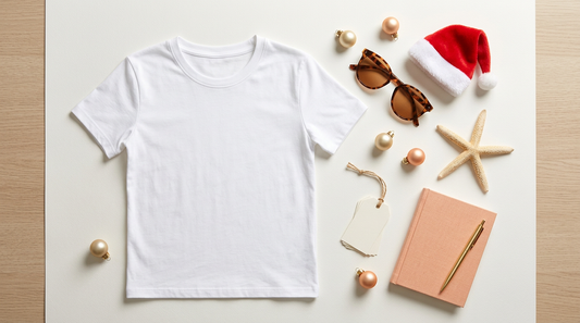 Blank summer t-shirt mockup with sunglasses and a small Santa hat on a light neutral background