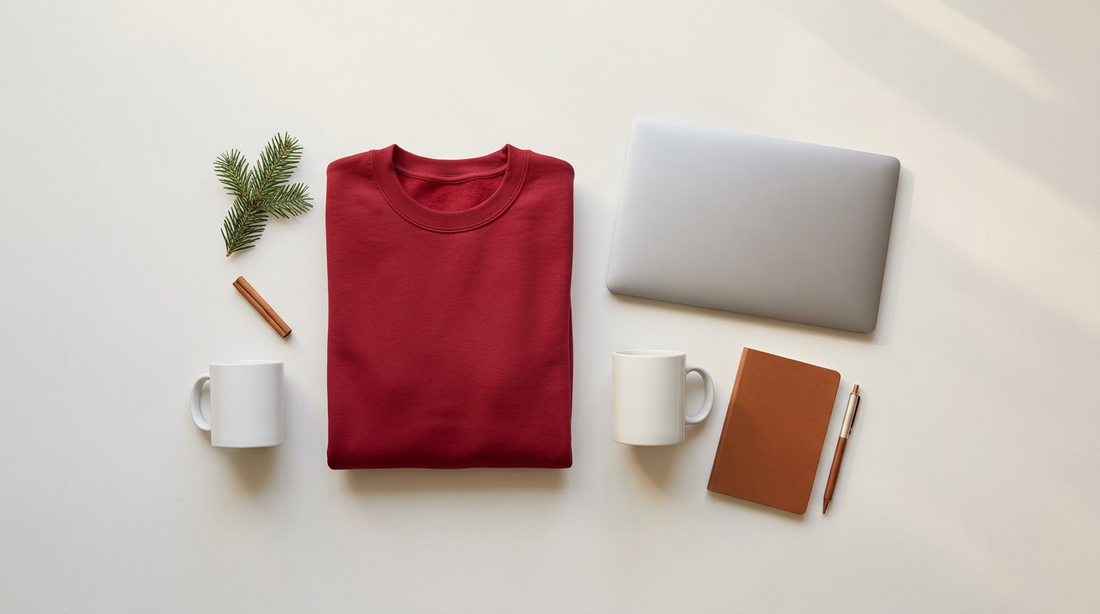 A cozy workspace featuring blank apparel, a laptop showing a shop dashboard, and subtle winter holiday props.