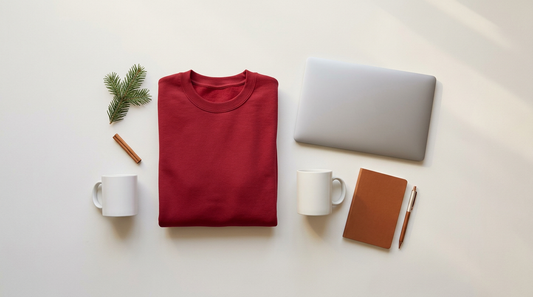 A cozy workspace featuring blank apparel, a laptop showing a shop dashboard, and subtle winter holiday props.
