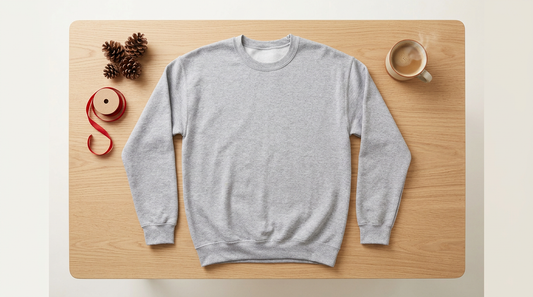 A clean workspace showing a blank heather grey crewneck sweatshirt surrounded by subtle winter props.
