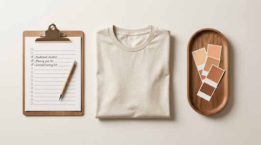 A clean workspace showing a blank folded t-shirt, a planning clipboard, and sublimation color swatches.