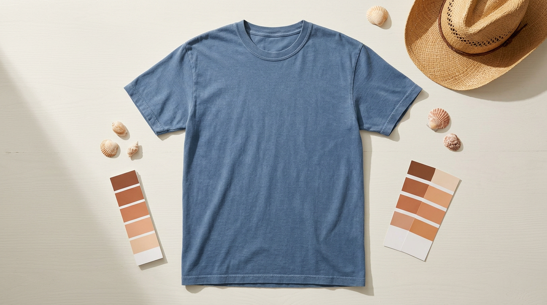 A blank faded denim blue t-shirt on a light wooden table surrounded by coastal western props like a straw hat and seashells.