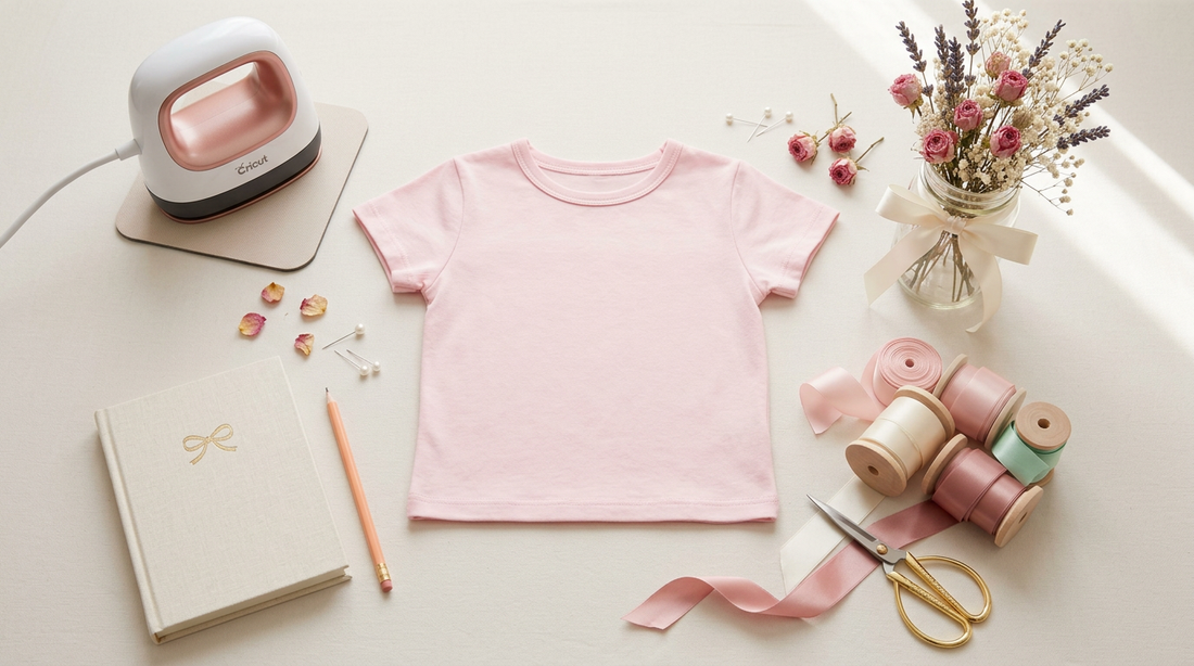 Aesthetic workspace with pastel ribbons, blank apparel, and crafting tools for coquette shirt designs.