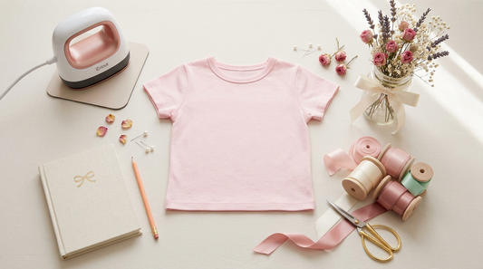 Aesthetic workspace with pastel ribbons, blank apparel, and crafting tools for coquette shirt designs.