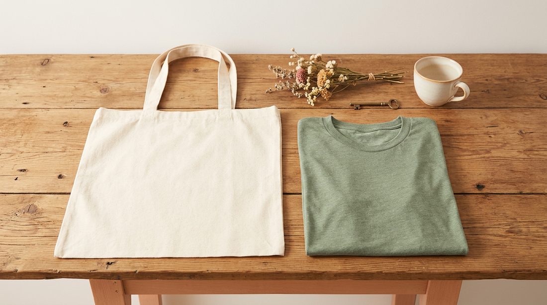 A clean editorial workspace showing a blank natural-color canvas tote bag and a folded heather sage green t-shirt with