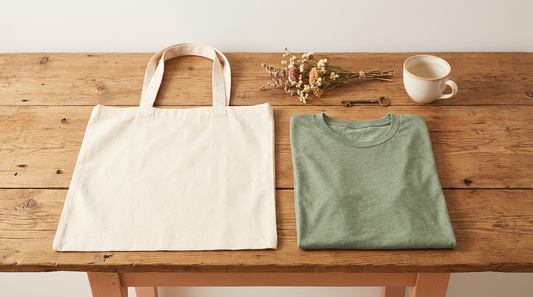 A clean editorial workspace showing a blank natural-color canvas tote bag and a folded heather sage green t-shirt with