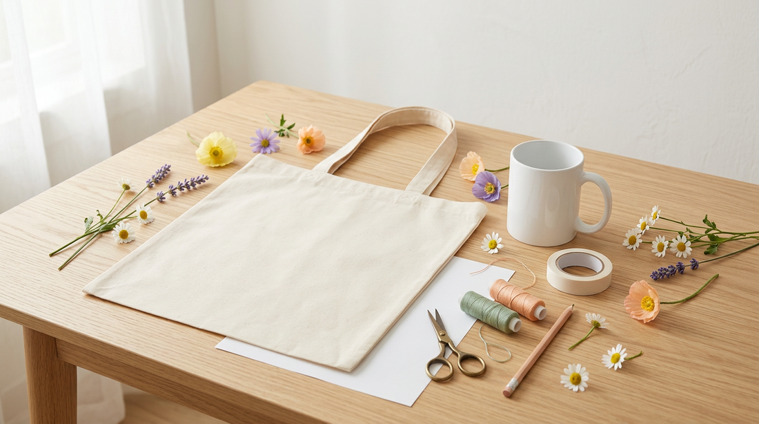 A cozy spring workspace featuring a blank tote bag, a ceramic mug, and floral sublimation design elements.