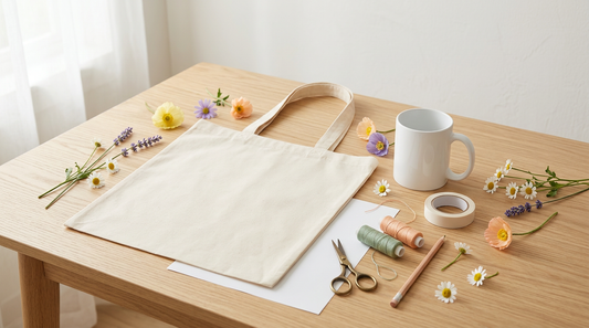 A cozy spring workspace featuring a blank tote bag, a ceramic mug, and floral sublimation design elements.