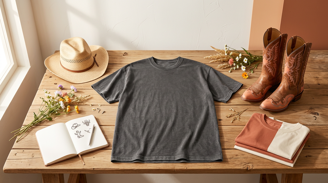 Blank vintage t-shirt and western props on a wooden table for country concert POD planning