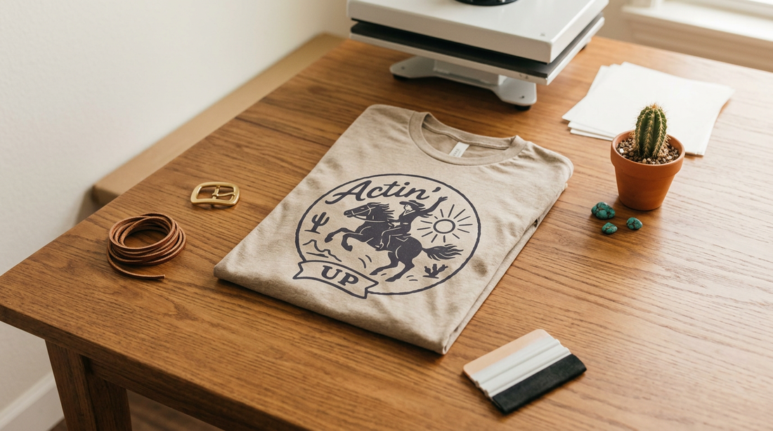 A rustic workspace featuring country sublimation designs on a western graphic tee, surrounded by crafting tools.