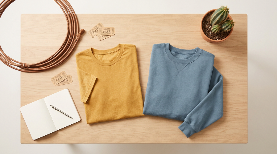 A clean flat lay of a blank mustard t-shirt and dusty blue sweatshirt with western props like a lasso and vintage fair