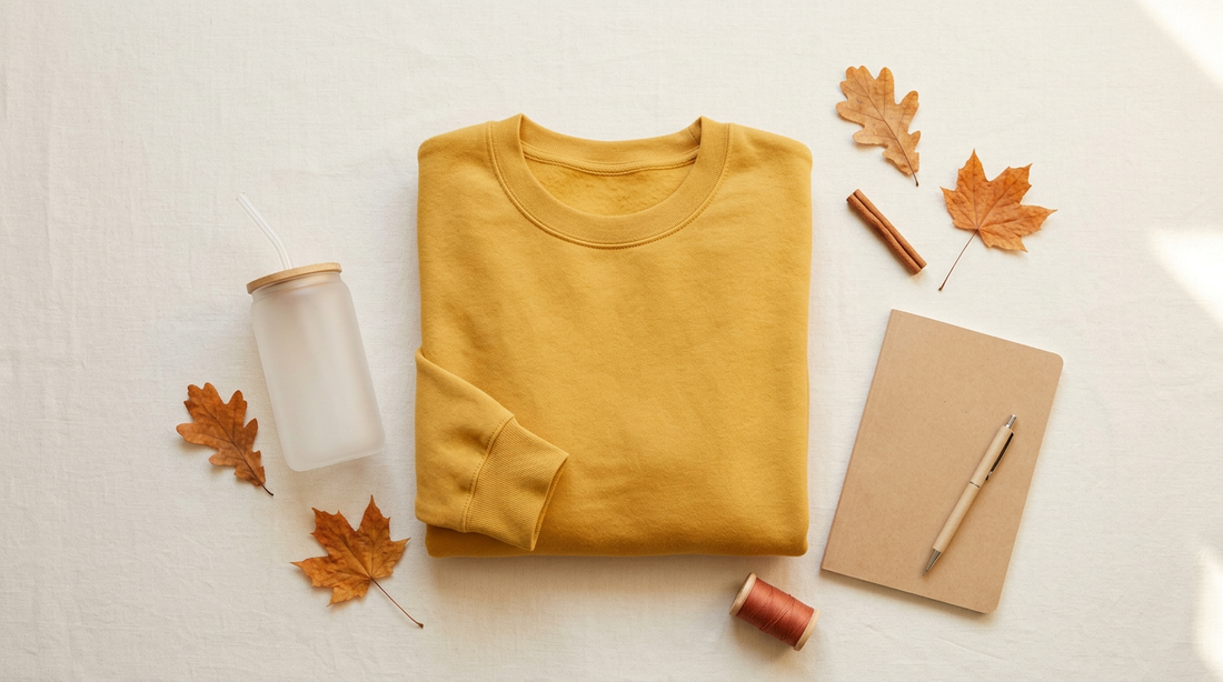Flat lay of a blank mustard sweatshirt and glass cup surrounded by autumn leaves for a POD project.