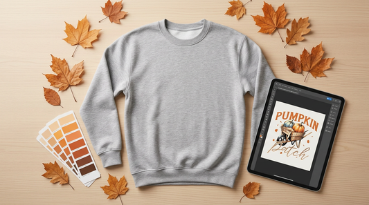 A cozy autumn workspace featuring a blank heather grey crewneck sweatshirt, scattered fall leaves, and a digital design
