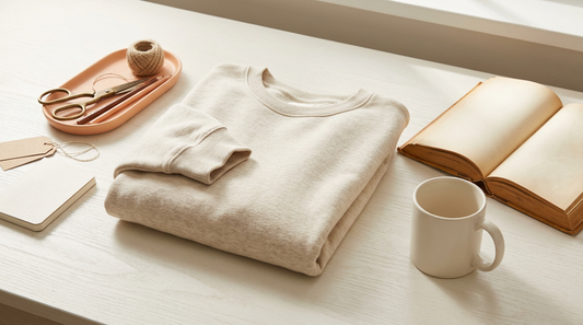 A cozy workspace featuring a blank oatmeal-colored oversized sweatshirt, a ceramic mug, and an open vintage book.