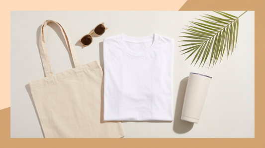 Flat lay of blank summer travel shirts and cruise vacation accessories on a light neutral background.