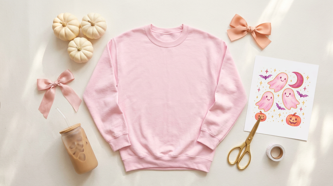 A cozy workspace featuring a pastel pink sweatshirt mockup, white pumpkins, and crafting tools for cute Halloween shirt