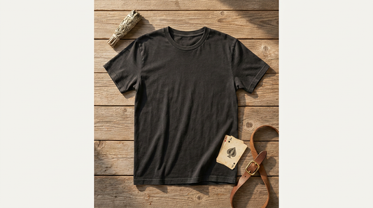 A flat lay mockup of a vintage pepper-colored t-shirt on weathered wood, surrounded by desert aesthetic props like dried sage