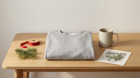 A blank folded youth sweatshirt on a light oak table surrounded by festive crafting props and a blank ceramic mug.