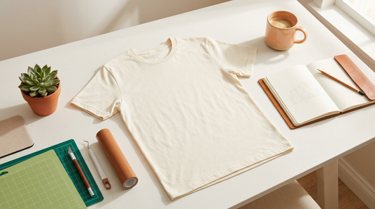 A cozy workspace featuring a blank t-shirt, a coffee mug, and crafting tools for pet lover apparel design.