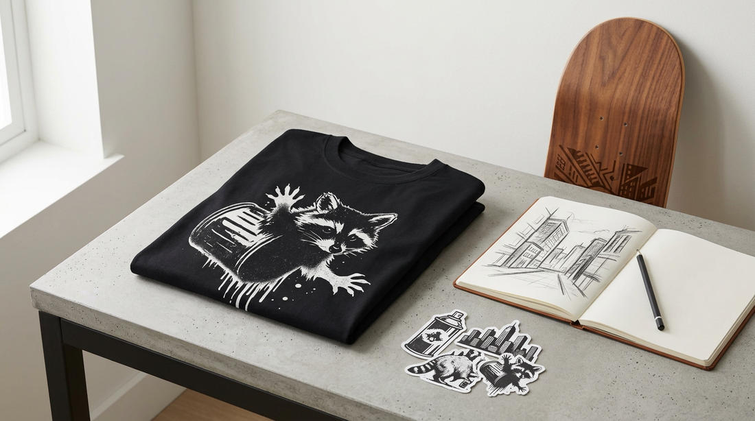 Heavyweight black t-shirt and skateboard on a concrete table representing edgy streetwear apparel.