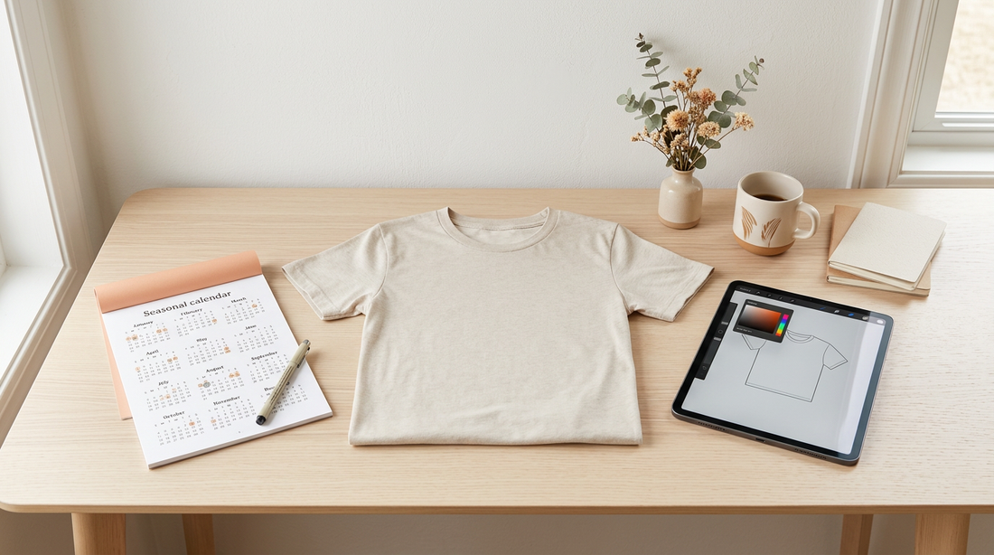 Editorial workspace showing a blank t-shirt, seasonal planning calendar, and tablet for faith-based apparel design.