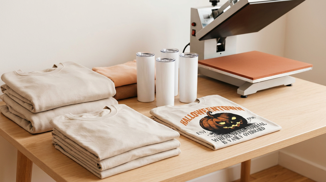 A neat craft fair preparation workspace featuring blank apparel, a heat press, and sublimation tumblers.