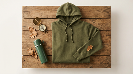 Flat lay of a blank olive green hoodie on a rustic wooden table surrounded by fall leaves and camping accessories.
