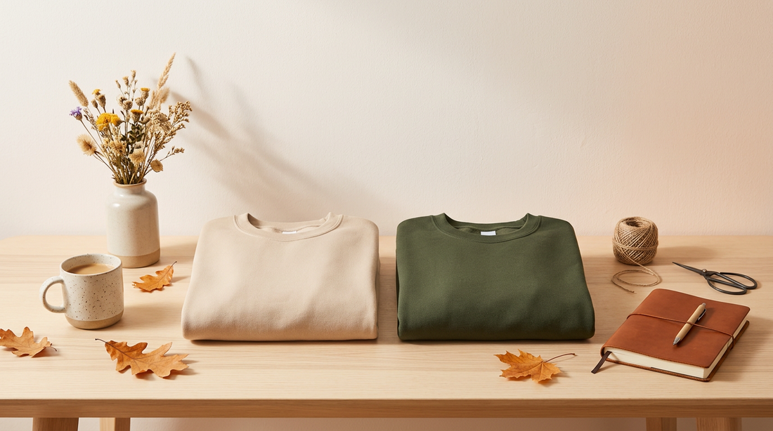 Cozy autumn workspace featuring blank sweatshirts, rustic props, and fall leaves for print-on-demand planning.