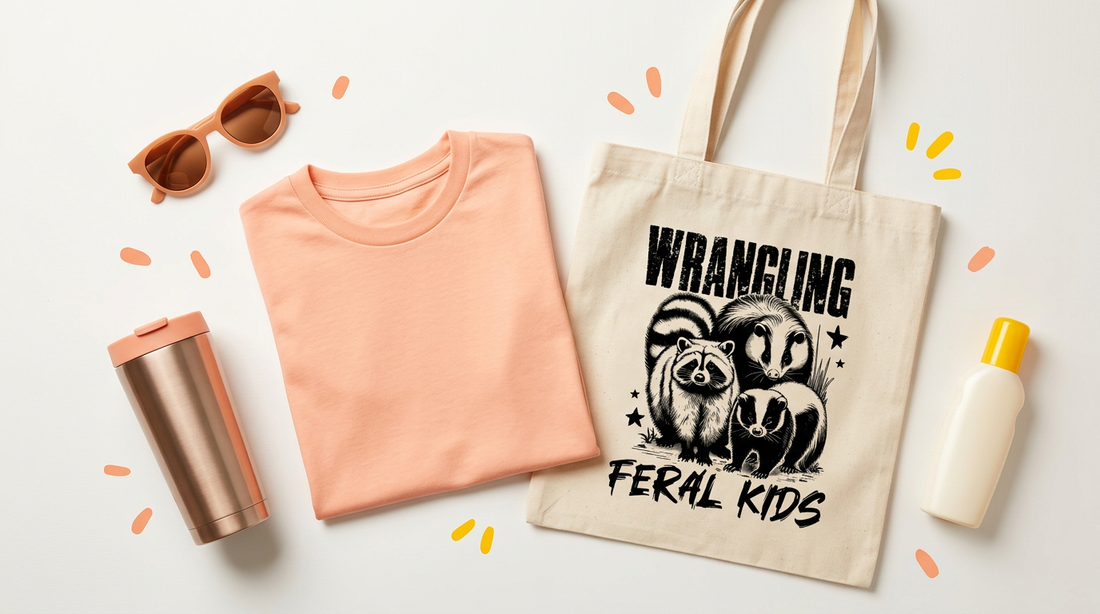 A flat lay of a bright summer youth t-shirt next to an oversized mom tote bag, surrounded by sunglasses and summer