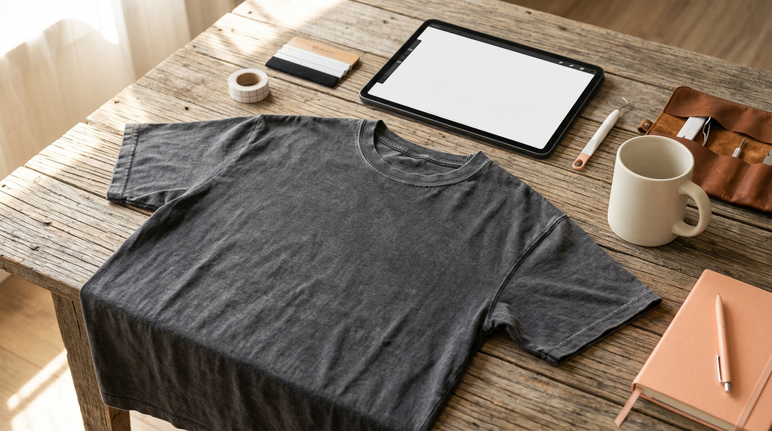 A flat lay of a blank oversized t-shirt and coffee mug on a wooden table, ready for unhinged and feral PNG designs.