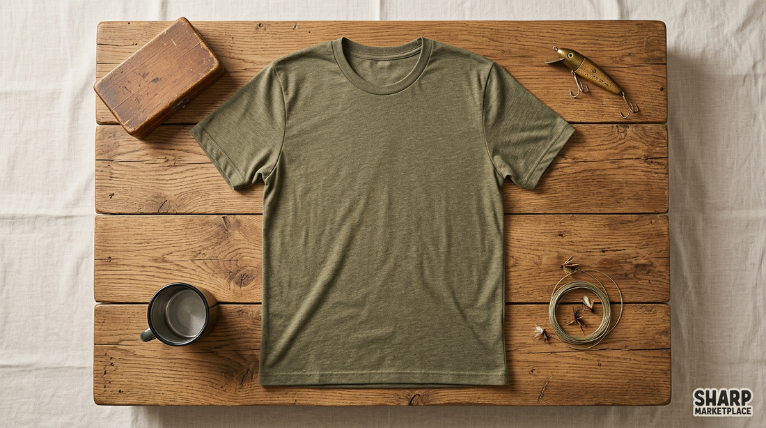 Blank heather olive t-shirt on a rustic wooden table with vintage fishing lures and outdoor props for POD sellers.