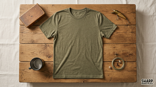Blank heather olive t-shirt on a rustic wooden table with vintage fishing lures and outdoor props for POD sellers.