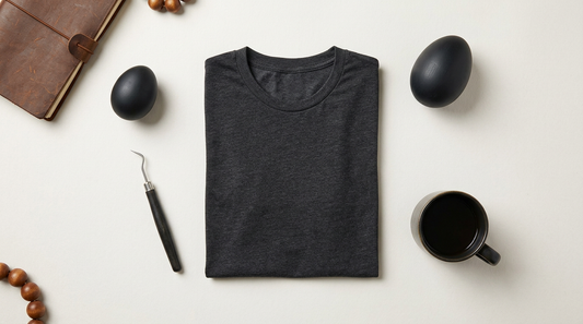 Flat lay of a dark heather grey t-shirt blank with crafting tools and edgy Easter decor on a neutral workspace.