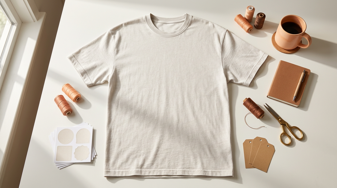 A flat lay of a blank oversized t-shirt and crafting supplies on a neutral desk, ready for a funny animal PNG design.