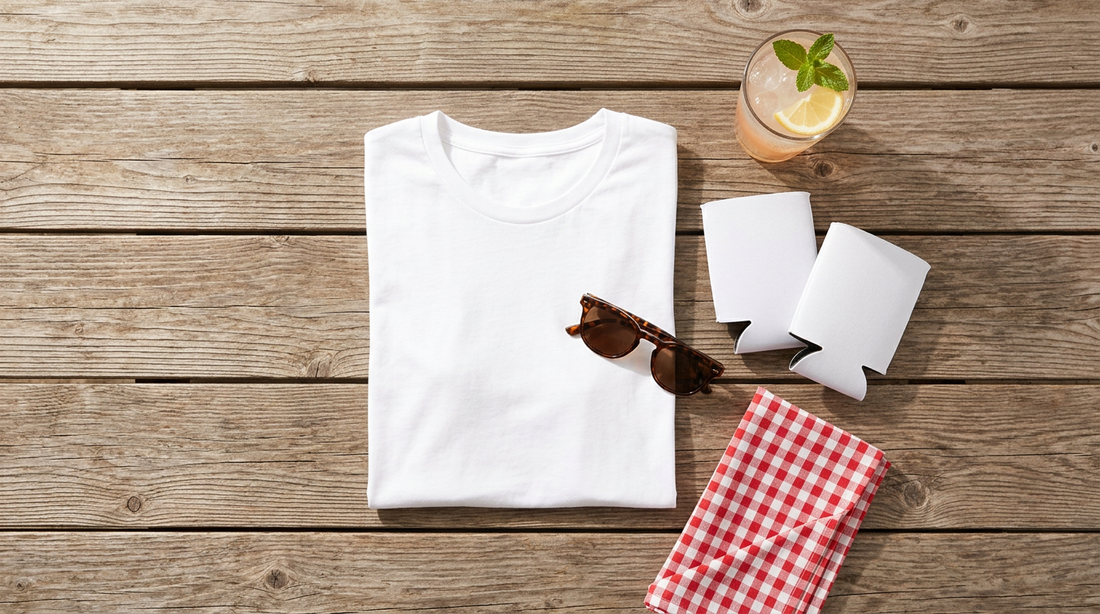 A flat lay mockup of a blank summer t-shirt and neoprene can coolers on a wooden picnic table, surrounded by BBQ props.