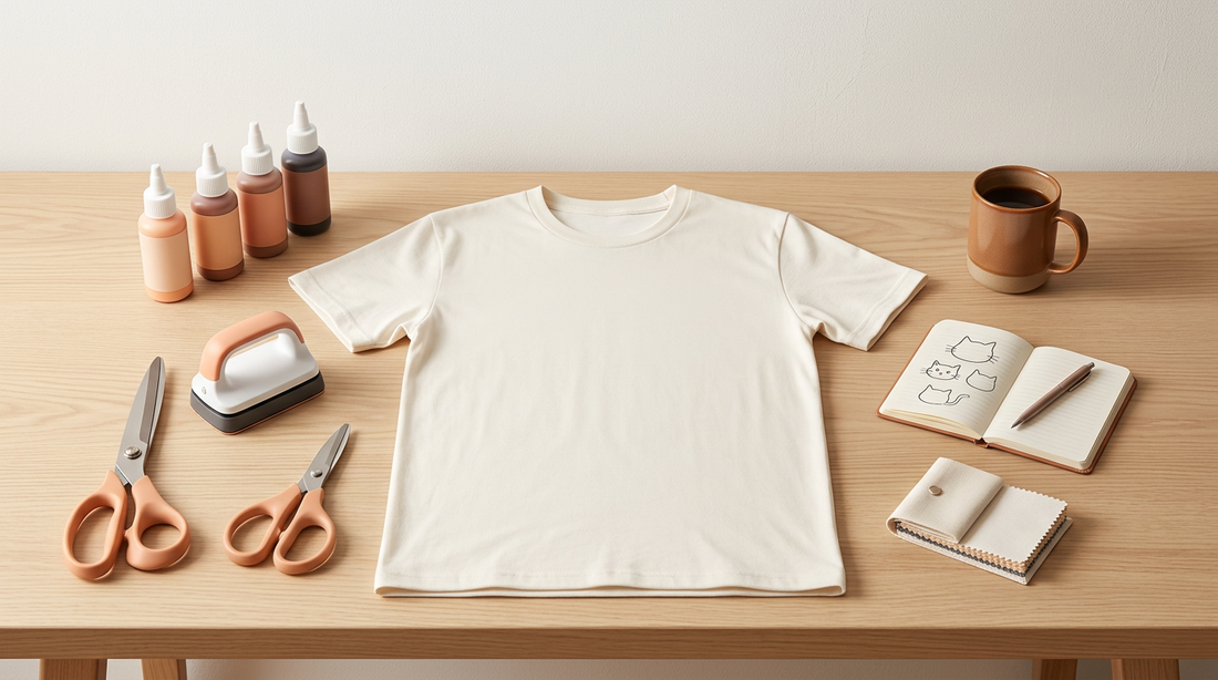 Flat lay of a blank t-shirt surrounded by print on demand crafting tools and a funny cat PNG design mockup.