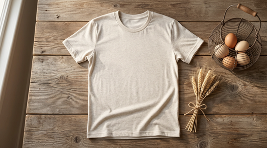 A blank oatmeal heather t-shirt laid flat on a rustic wooden table next to a wire egg basket and dried wheat.