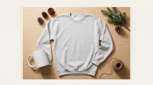 A cozy holiday crafting workspace featuring a blank ash gray sweatshirt, a ceramic mug, and festive pinecone props.
