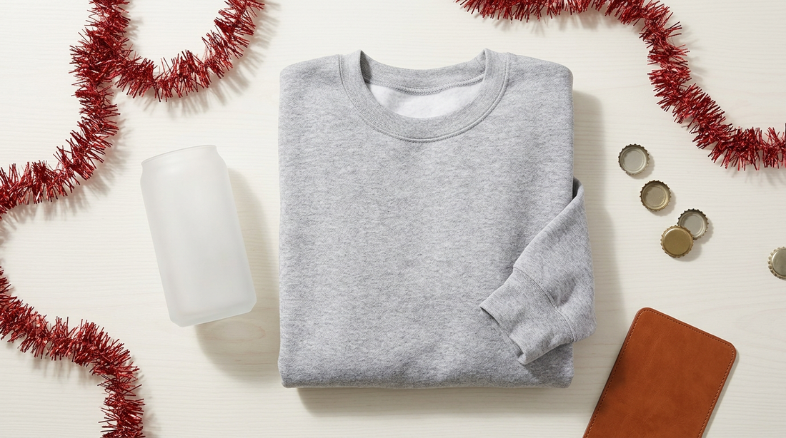 A blank heather grey crewneck sweatshirt and a frosted glass beer can cup arranged on a light wooden table with festive
