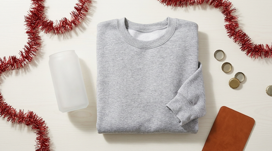 A blank heather grey crewneck sweatshirt and a frosted glass beer can cup arranged on a light wooden table with festive
