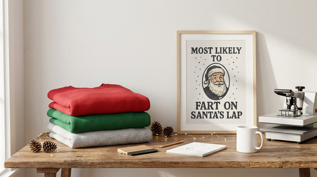 A festive editorial workspace showing blank crewneck sweatshirts and crafting tools for holiday POD projects.