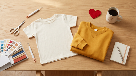 Blank apparel and crafting tools on a wooden table for print-on-demand Valentine shirt preparation.