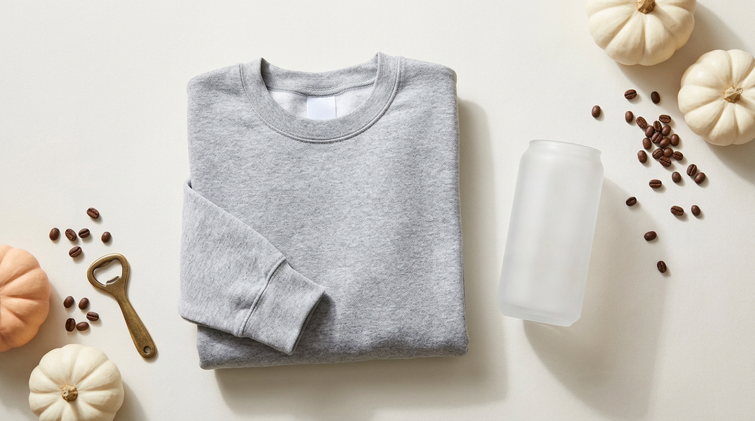 A clean workspace featuring a blank heather grey sweatshirt and an empty frosted glass can with autumn props.