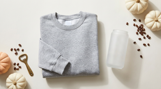 A clean workspace featuring a blank heather grey sweatshirt and an empty frosted glass can with autumn props.