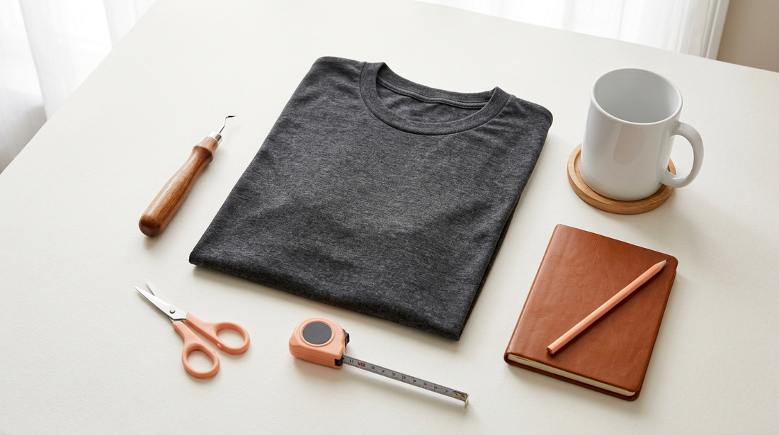 A flat lay of a blank heathered t-shirt, a white sublimation mug, and crafting tools on a neutral background.