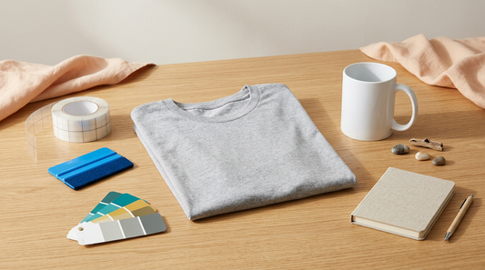 Editorial flat lay of a blank t-shirt and sublimation mug with crafting supplies on a wooden table.