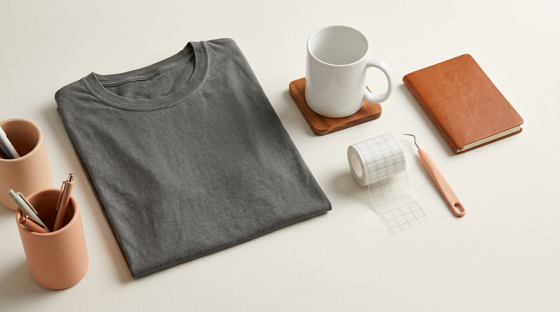 A flat lay of a print-on-demand workspace featuring a blank vintage-wash t-shirt, a ceramic mug, and crafting tools on a