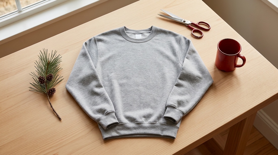 Blank heather grey crewneck sweatshirt on a light wooden table with festive holiday props