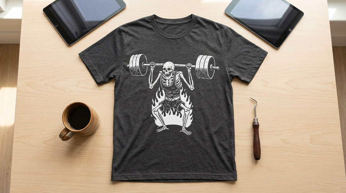 A cozy workspace featuring a blank vintage t-shirt, a coffee mug, and crafting tools for making skeleton hobby apparel.